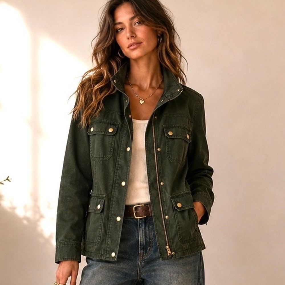 J Crew Womens Medium Jacket Field Olive Green Utility Military Barn Chore Grunge